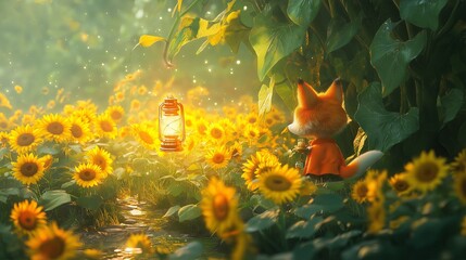 Poster - A tiny fox exploring a sunflower forest with a lantern.