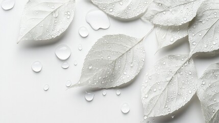 Poster - White leaves lay gracefully on a smooth surface, each adorned with gleaming water droplets. The delicate arrangement captures a peaceful moment of natural elegance and simplicity