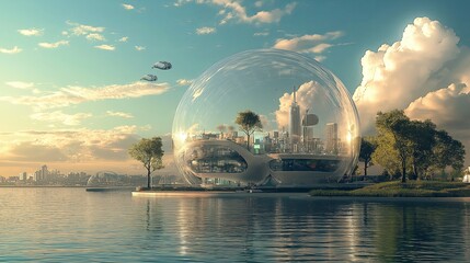 Poster - A tiny futuristic city built inside a floating bubble.