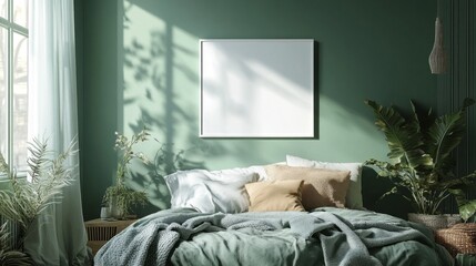 Aufkleber - Gentle sunlight streams through large windows, casting soft shadows across a peaceful bedroom adorned with lush plants and cozy textiles, evoking a calming ambiance perfect for relaxation