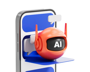 Poster - 3D rendering of a chatbot AI assistant with orange helmet emerging from smartphone, speech bubbles around, clean isolated white background concept