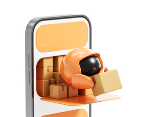 Poster - Orange robot holding package emerging from a smartphone screen filled with boxes, in 3D Rendering style, isolated on white background, concept of delivery