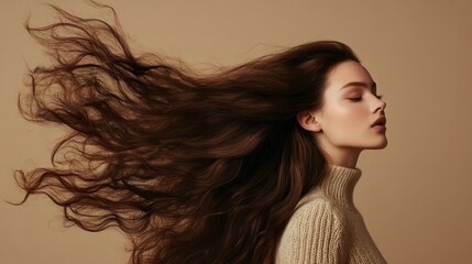 Poster - A young woman stands gracefully, her long hair flowing in the air while she exudes poise and charm. The muted background complements her enchanting expression and elegant posture