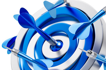 Poster - Blue darts striking the center of a glossy blue and silver bullseye, isolated on white background, 3D Rendering, concept of precision and success