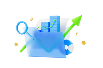 Poster - Blue folder with magnifying glass, bar chart, green upward arrow, coins and disc isolated on white background. Concept of business growth. 3D Rendering