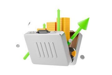 Poster - Metallic briefcase filled with gold coins and green upward arrows symbolizing financial success and investment growth, isolated on white background. 3D Rendering