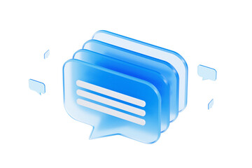 Poster - Blue layered chat bubble icon with white lines in a 3D Rendering style, isolated on a white background. Concept of digital chat, messaging template