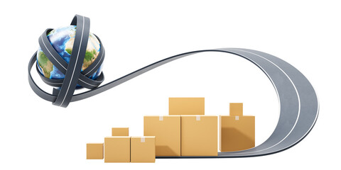 Poster - World globe wrapped with roads leading to cardboard boxes, 3D Rendering, isolated on white background. Concept of global shipping and logistics