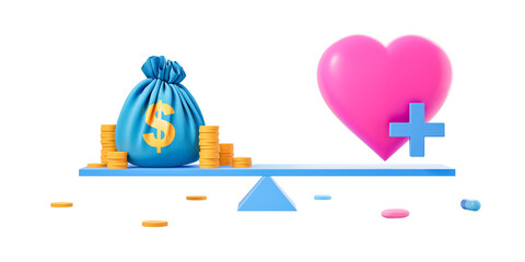 Poster - Blue money bag with gold coins and pink heart with medical cross balanced on seesaw, isolated style on white background. Concept of health vs wealth. 3D Rendering
