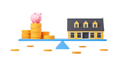 Poster - Pink piggy bank atop coin stacks and yellow house balanced on blue seesaw, isolated on clean white background. Concept of property investment. 3D Rendering