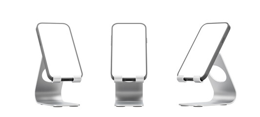 Poster - Three metallic smartphone stands with blank screens displayed from different angles, isolated on white background, for product mockup or layout concept. 3D Rendering
