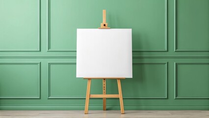 Poster - Blank canvas on an easel against a stylish green wall in a modern art studio setting.