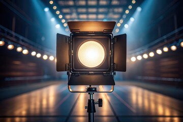 Poster - Bright stage light illuminating a performance space with dramatic blue lighting effects.