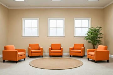 Poster - Bright orange chairs arranged in a modern, minimalist room with large windows and a plant.