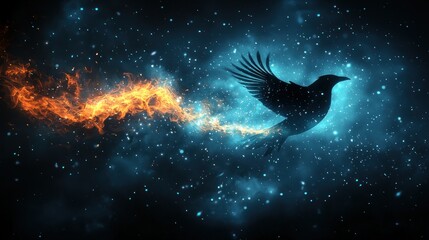 Wall Mural - Bird soars, fiery energy. Mystical, dreamy, glowing space