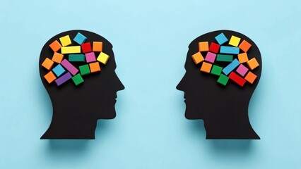 Poster - Two silhouette heads with colorful blocks representing thoughts or ideas on a blue background.