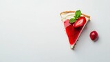 A slice of New York cheesecake with strawberry sauce. Featuring indulgence and elegance