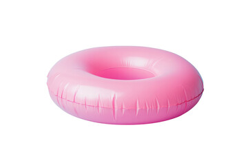 Poster - A stylized, minimalist flat lay shot of a pink doughnut-shaped inflatable against a pastel light blue background, designed to evoke a relaxing and trendy summer vibe.
