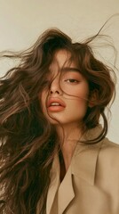 Poster - A stunning individual displays an alluring expression with flowing hair and natural makeup. The soft light highlights the warmth of their features, creating a serene atmosphere