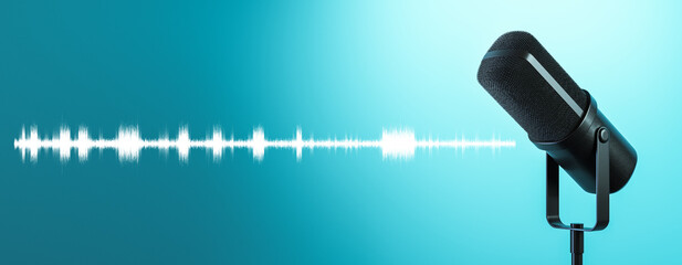 Poster - Studio microphone with visible soundwave on blue gradient background representing modern audio recording technology and sound concept. 3D Rendering