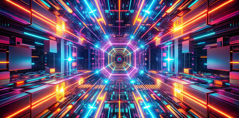 Poster - A mesmerizing tunnel filled with neon lights and vibrant colors creates an illusion of depth and movement. This digital environment showcases a futuristic design and captivating energy