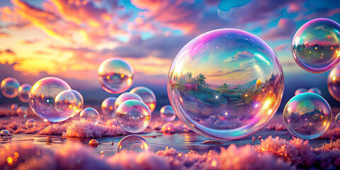 Poster - Bubbles float in the foreground, each reflecting the vibrant hues of a sunset over a tranquil landscape. Soft clouds and rippling water enhance the peaceful atmosphere of dusk