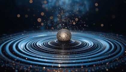 Poster - Dynamic ripple effect with glimmering sphere abstract digital art scene dark environment close-up view conceptual visualization