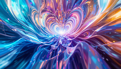Poster - Swirling colors in shades of blue, purple, and orange create an abstract visual experience reflecting a digital artistic interpretation. The artwork emanates radiant light from the center