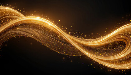 Poster - Flowing golden waves sparkle with tiny light particles against a dark backdrop, creating an enchanting visual experience. The motion evokes a sense of elegance and fluidity