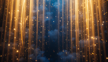 Poster - Bright golden light streams fall gracefully from the top, illuminating a dark background. Tiny sparkles are scattered throughout, enhancing the enchanting atmosphere of a festive evening