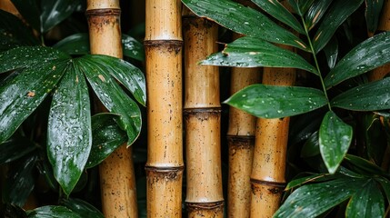 Wall Mural - Close-up of bamboo stalks with vibrant green leaves in a natural setting