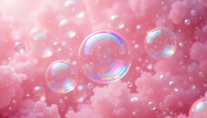 Poster - Delicate soap bubbles drift through a soft pink atmosphere filled with fluffy clouds, creating a playful and enchanting environment filled with shimmering light