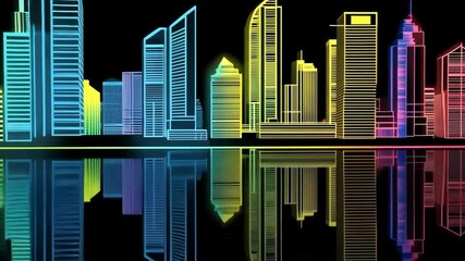 Poster - Neon Cityscape Reflection: Vibrant Outlines Against the Dark, Reflecting in Still Water