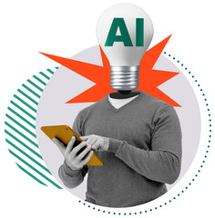 Poster - Man with light bulb as head labeled AI using digital tablet, collage style, isolated on white background. Concept of artificial intelligence and creativity