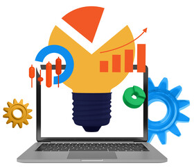 Poster - Light bulb with charts and gears emerging from laptop screen, colorful graphic style, on white background. Concept of innovation, technology, analytics