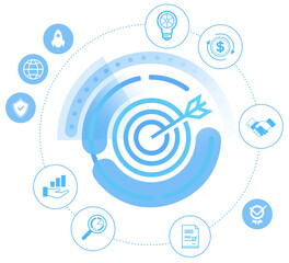 Poster - Bullseye target with arrow in center surrounded by business strategy icons in blue graphic style on white background, concept of goal achievement