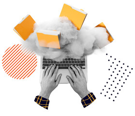 Aufkleber - Hands on laptop keyboard with cloud and flying folders, modern collage style, isolated on white background, concept of cloud computing and data management