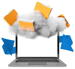 Poster - Orange folders flying out of laptop screen through cloud, isolated graphic style on white background, concept of cloud storage and data management