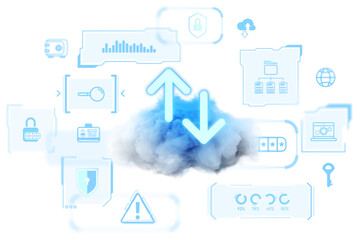 Poster - cloud and arrows symbolizing upload and download, surrounded by tech interface icons in soft blue gr