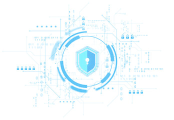 Poster - blue digital shield with lock icon surrounded by binary code and circuits, isolated on white backgro