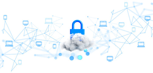 Poster - Blue padlock with cloud icon symbolizes cloud security, surrounded by abstract network of devices on white background, concept of secure digital connection