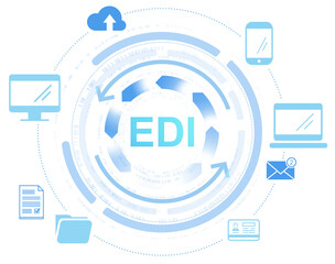 Poster - Blue-toned EDI interface with circular arrows and digital icons like cloud, laptop, envelope on isolated white background, concept of data integration