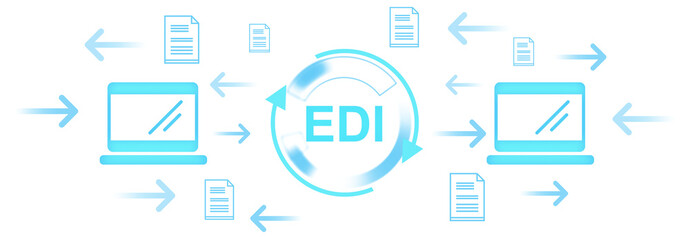Poster - Laptops, digital arrows, and document icons in bright blue gradient style on isolated white background illustrate electronic data interchange concept