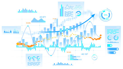 Poster - Abstract financial dashboard with colorful charts, graphs, and infographic elements in modern style on white background. Concept of data analytics