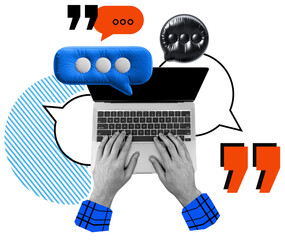 Poster - Hands typing on laptop with colorful speech bubbles, quotation marks, and abstract elements on isolated white background, concept of online communication