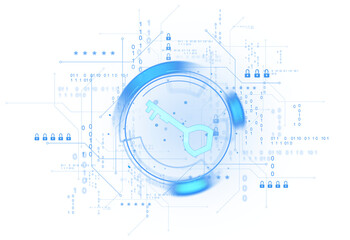 Poster - Blue digital key icon with padlocks and binary code symbols in a tech interface style, displayed on a white background, symbolizing cybersecurity concept