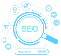 Poster - SEO concept image with magnifying glass, digital marketing icons, light blue graphic style, white background, symbolizing online search and optimization