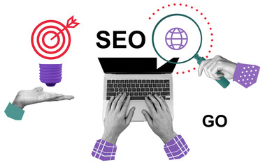 Poster - Creative collage showing hands on laptop, target, magnifier, and SEO elements in mixed media style, isolated on white background, symbolizing marketing strategy