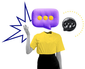 Poster - Surreal collage of a person with a purple speech bubble as a head, yellow shirt, and abstract communication icons on white background, concept of messaging