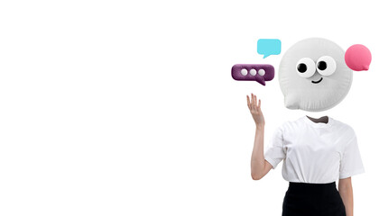 Poster - Human figure with a cartoon chat bubble as a head, holding speech bubbles, clean design style, isolated on white background, concept of communication